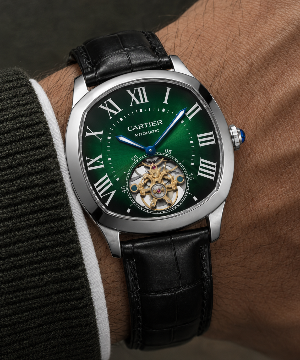 Cartier Round Green Dial Open-Heart Automatic Watch